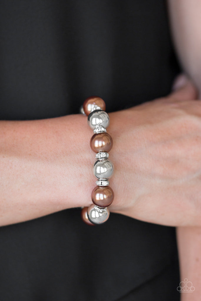 paparazzi all dressed uptown brown Ornamental Outfit - Brown Pearl UV Silver Bead Stretchy Bracelet