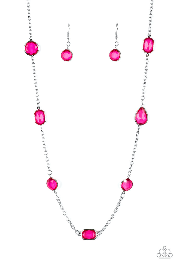 Paparazzi Glassy Glamorous Pink Necklace And Earring Set