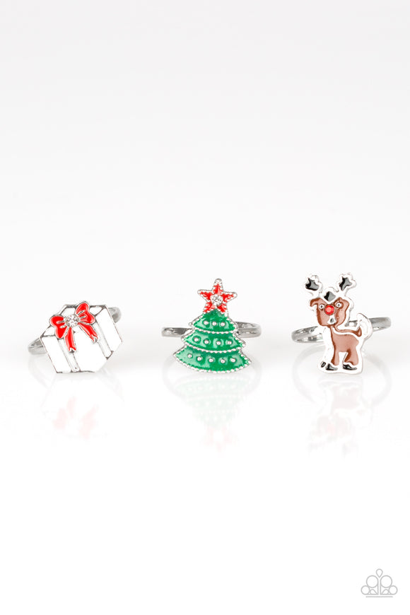 Girls Paparazzi Starlet Shimmer Christmas Rings Santa, Tree, Gift, Rudolph, Candy Cane-Set of 5 Paparazzi Jewelry