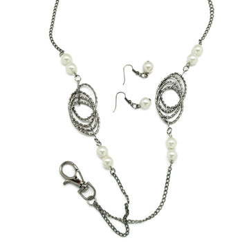 Paparazzi White Pearl Black Gunmetal Hoops Chain Lanyard & Earring Set Paparazzi Jewelry