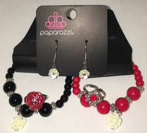 Paparazzi Girls Starlet Shimmer "Red & Black" Lot of 5 items 2 Bracelets, 1 Earrings & 2 Rings Paparazzi Jewelry