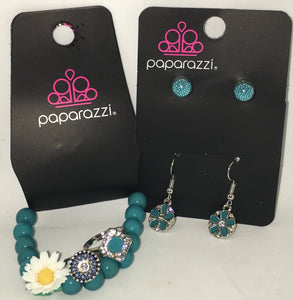 Paparazzi Girls Starlet Shimmer "Bada Blue! " Lot of 5 items 1 Bracelet, 2 Earrings & 2 Rings Paparazzi Jewelry