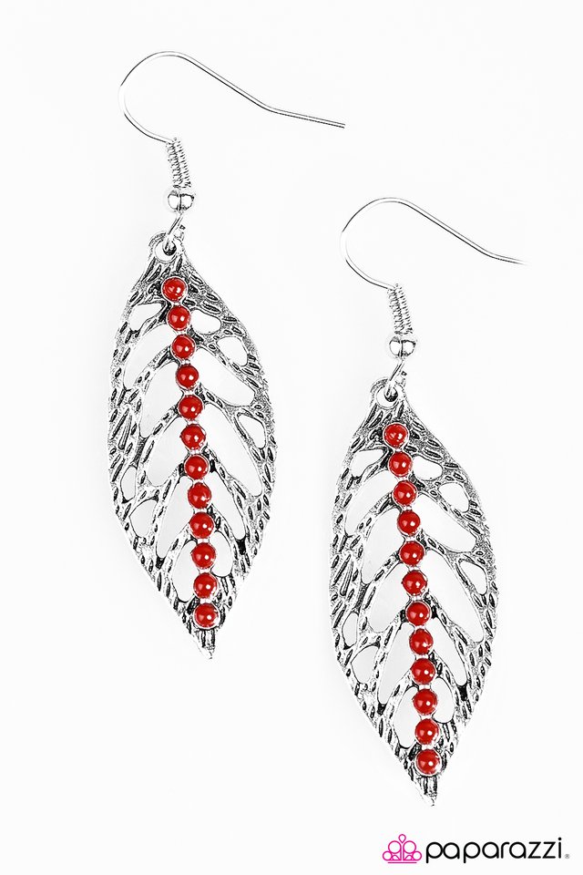 Paparazzi "Leaf It At That" Red Bead Silver Leaf Earrings