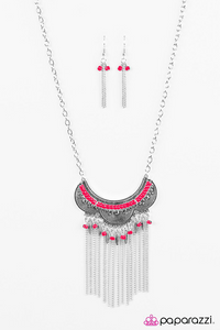 Paparazzi "Tribal Fusion" Red Seed Bead Tribal Pendant Silver Tone Necklace & Earring Set Paparazzi Jewelry