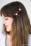 Paparazzi "Tea Garden" Brown Ribbon White Gem Set of 2 Flower Bud Hairband Clip Paparazzi Jewelry