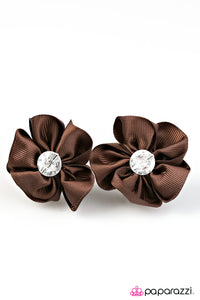 Paparazzi "Tea Garden" Brown Ribbon White Gem Set of 2 Flower Bud Hairband Clip Paparazzi Jewelry