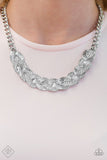 Paparazzi "Blind Side" FASHION FIX White Ribbons Bowing Braided Pendant White Rhinestone Silver Tone Necklace & Earring Set Paparazzi Jewelry