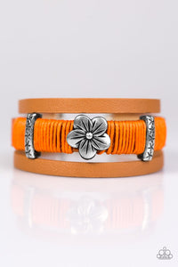 Paparazzi "Hawaiian Haven" Orange Band Brown Leather Silver Tone Flower Wrap Bracelet Paparazzi Jewelry
