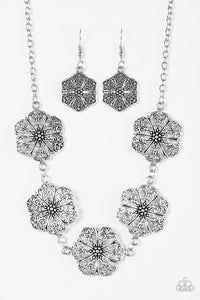 Paparazzi "Floral Fluorescence" Silver Tone Filigree Frames Short Necklace & Earring Set Paparazzi Jewelry