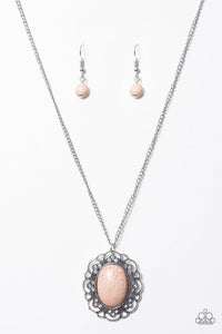Paparazzi "Sun and Sandstone" Brown Stone Pendant Frilly Frame Silver Tone Necklace & Earring Set Paparazzi Jewelry