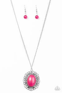 Paparazzi "Sun and Sandstone" Pink Stone Pendant Frilly Frame Silver Tone Necklace & Earring Set Paparazzi Jewelry