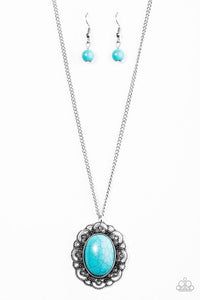 Paparazzi "Sun and Sandstone" Blue Stone Pendant Frilly Frame Silver Tone Necklace & Earring Set Paparazzi Jewelry