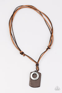 Paparazzi "Outdoor Outfitter" Brown Leather Pendant Antiqued Metallic Disc Urban Necklace Unisex Paparazzi Jewelry