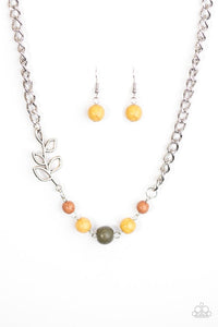 Paparazzi "Autumn Allure" Multi Brown Green Yellow Stone Bead Silver Leafy Necklace & Earring Set Paparazzi Jewelry