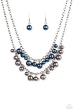 Paparazzi "Marvelous Masquerade" Blue Faux Pearl Fringe Black Gunmetal Necklace & Earring Set Paparazzi Jewelry