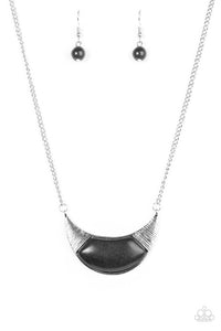 Paparazzi "Run With The Pack" Black Stone Crescent Frame Silver Tone Necklace & Earring Set Paparazzi Jewelry