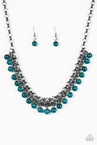 Paparazzi "Coyly Colorful" Blue & Gunmetal Bead Fringe Gunmetal Tone Necklace & Earring Set Paparazzi Jewelry