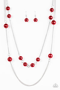 Paparazzi "My Main GLAM" Red Faux Pearls Silver Tone Chain Necklace & Earring Set Paparazzi Jewelry