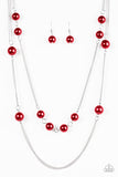 Paparazzi "My Main GLAM" Red Faux Pearls Silver Tone Chain Necklace & Earring Set Paparazzi Jewelry