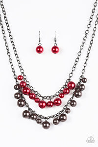Paparazzi "Marvelous Masquerade" Red Faux Pearl Fringe Black Gunmetal Necklace & Earring Set Paparazzi Jewelry
