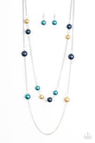 Paparazzi "My Main GLAM" Multi Blue Green Yellow Faux Pearls Silver Tone Chain Necklace & Earring Set Paparazzi Jewelry