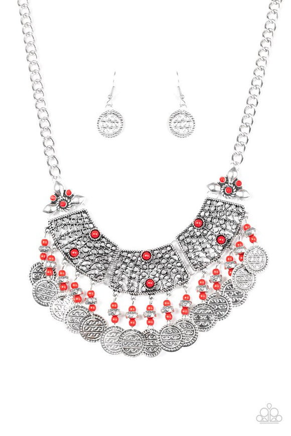 Paparazzi “I Am EMPRESS-ed” Red Bead Coin Fringe Plate Silver Tone Necklace & Earring Set Paparazzi Jewelry