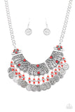 Paparazzi “I Am EMPRESS-ed” Red Bead Coin Fringe Plate Silver Tone Necklace & Earring Set Paparazzi Jewelry