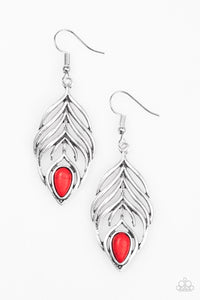 Paparazzi "Bold Little Bird" Red Stone Silver Feather Design Earrings Paparazzi Jewelry