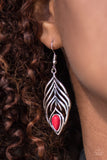 Paparazzi "Bold Little Bird" Red Stone Silver Feather Design Earrings Paparazzi Jewelry