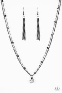 Paparazzi "Fame Time" Black Gunmetal Chain White Rhinestone Necklace & Earring Set Paparazzi Jewelry