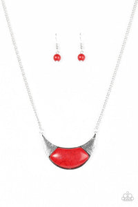 Paparazzi "Run With The Pack" Red Stone Crescent Frame Silver Tone Necklace & Earring Set Paparazzi Jewelry