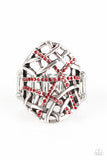 Paparazzi "Controlled Chaos" Red Rhinestone Silver Abstract Design Ring Paparazzi Jewelry