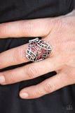 Paparazzi "Controlled Chaos" Red Rhinestone Silver Abstract Design Ring Paparazzi Jewelry