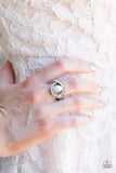 Paparazzi "CACHE Me If You Can" White Pearly Bead Rhinestone Silver Tone Ring Paparazzi Jewelry