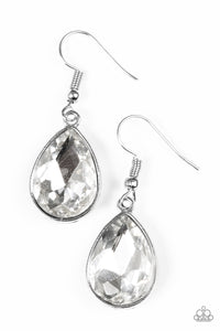 Paparazzi "Play The FAME" White Teardrop Gem Silver Frame Earrings Paparazzi Jewelry