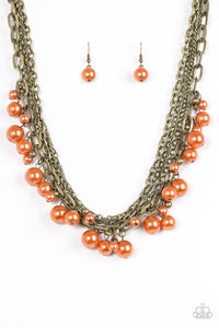 Paparazzi "Shipwrecked Shimmer" Orange Pearl Brass Chain Necklace & Earring Set Paparazzi Jewelry