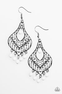 Paparazzi "Elegant Enchantment" White Bead Frilly Silver Earrings Paparazzi Jewelry