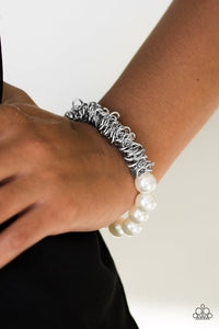 Paparazzi "Shock Factor" White Pearly Bead Silver Link Stretchy Bracelet Paparazzi Jewelry