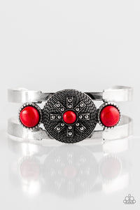 Paparazzi "Here Comes The SUNDIAL" Red Stone Ornate Silver Cuff Bracelet Paparazzi Jewelry