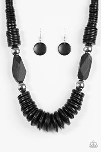 Paparazzi "Boldly Belize" Black Round Wooden Disc Silver Accent Necklace & Earring Set Paparazzi Jewelry