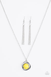 Paparazzi "Ripple Effect" Yellow Shiny Bead Pendant Silver Necklace & Earring Set Paparazzi Jewelry