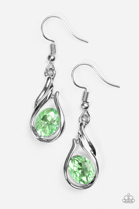 Paparazzi "HAUTE On Your Heels!" Green Oval Rhinestone Silver Flame Design Earrings Paparazzi Jewelry