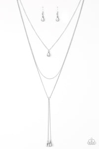 Paparazzi "Typhoon Shimmer" White Teardrop Pendant Silver Necklace & Earring Set Paparazzi Jewelry