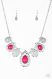 Paparazzi "Jungle Jane" Pink Bead Teardrop Filigree Silver Necklace & Earring Set Paparazzi Jewelry