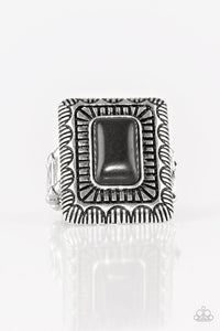Paparazzi "Tumbleweed Deserts" Black Rectangular Stone Silver Tribal Design Ring Paparazzi Jewelry