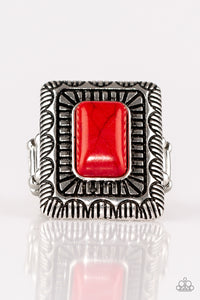 Paparazzi "Tumbleweed Deserts" Red Rectangular Stone Silver Tribal Design Ring Paparazzi Jewelry