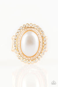 Paparazzi "Opulently Olympian" Gold Stacked Frame White Pearly Bead White Rhinestone Ring Paparazzi Jewelry