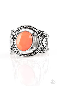 Paparazzi "Vacation Vibes" Orange Bead Silver Embossed Floral Ring Paparazzi Jewelry