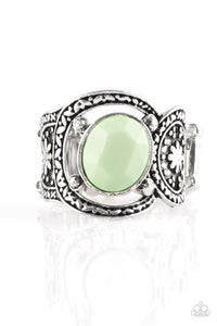 Paparazzi "Vacation Vibes" Green Bead Silver Embossed Floral Ring Paparazzi Jewelry