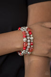 Paparazzi "Malibu Marina" Red Glassy Bead Silver Accent Stretchy Bracelet Paparazzi Jewelry